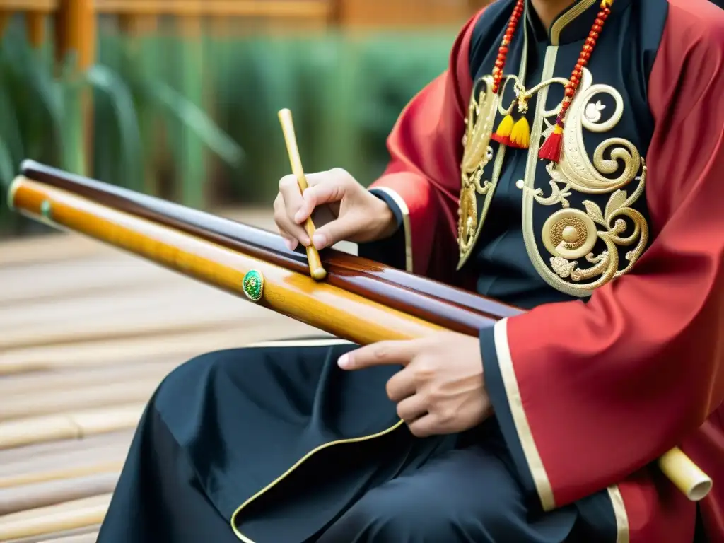 Un músico viste atuendo tradicional y toca un Sheng chino, destacando su artesanía