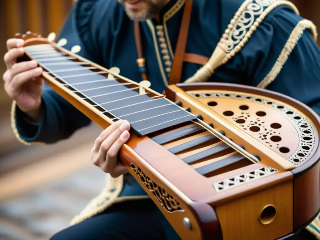 Un músico viste atuendo tradicional escandinavo y toca una nyckelharpa sueca, destacando su artesanía y sonido resonante