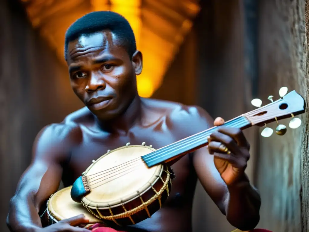 Un músico congoleño viste atuendo tradicional y toca el kundi, mostrando su importancia cultural y espiritual