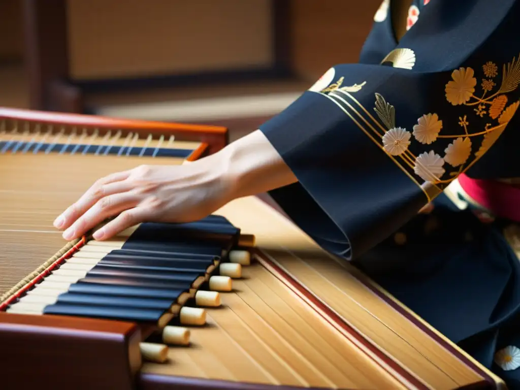 Un músico vistiendo atuendo tradicional toca con pasión un koto japonés, resaltando su belleza y destreza en la música occidental contemporánea