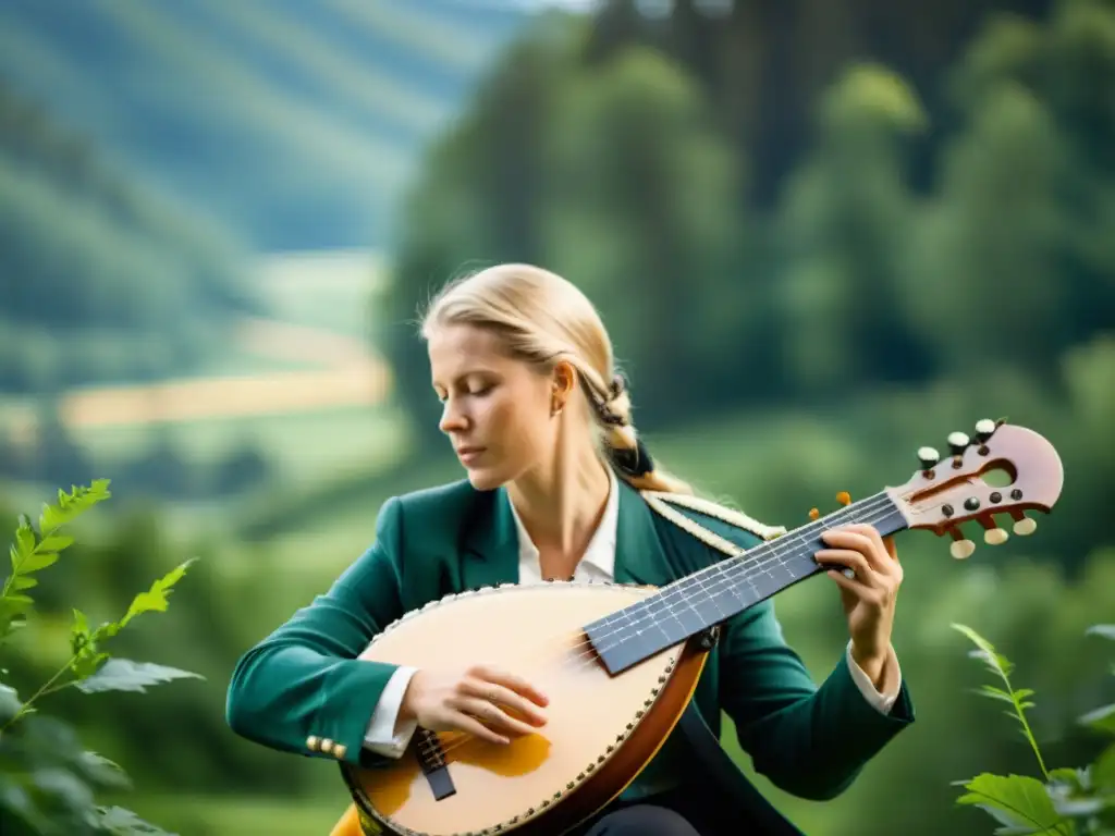 Un músico viste atuendo tradicional sueco y toca una nyckelharpa rodeado de exuberante vegetación