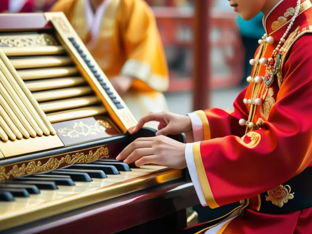 Un músico viste atuendo tradicional y toca suona china en una escena festiva