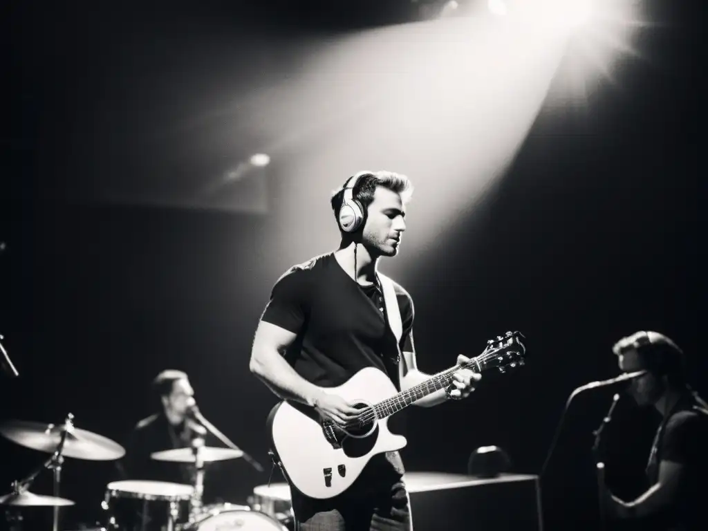 Un músico con auriculares inalámbricos apreciando la música mientras toca la guitarra en un escenario tenue