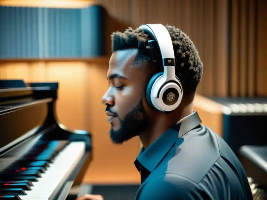 Un músico con auriculares 3D toca el piano en un estudio de grabación, capturando la emoción y precisión del momento