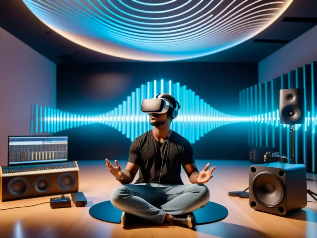 Un músico usa auriculares de realidad virtual y equipo de grabación de sonido 3D en un estudio rodeado de instrumentos musicales