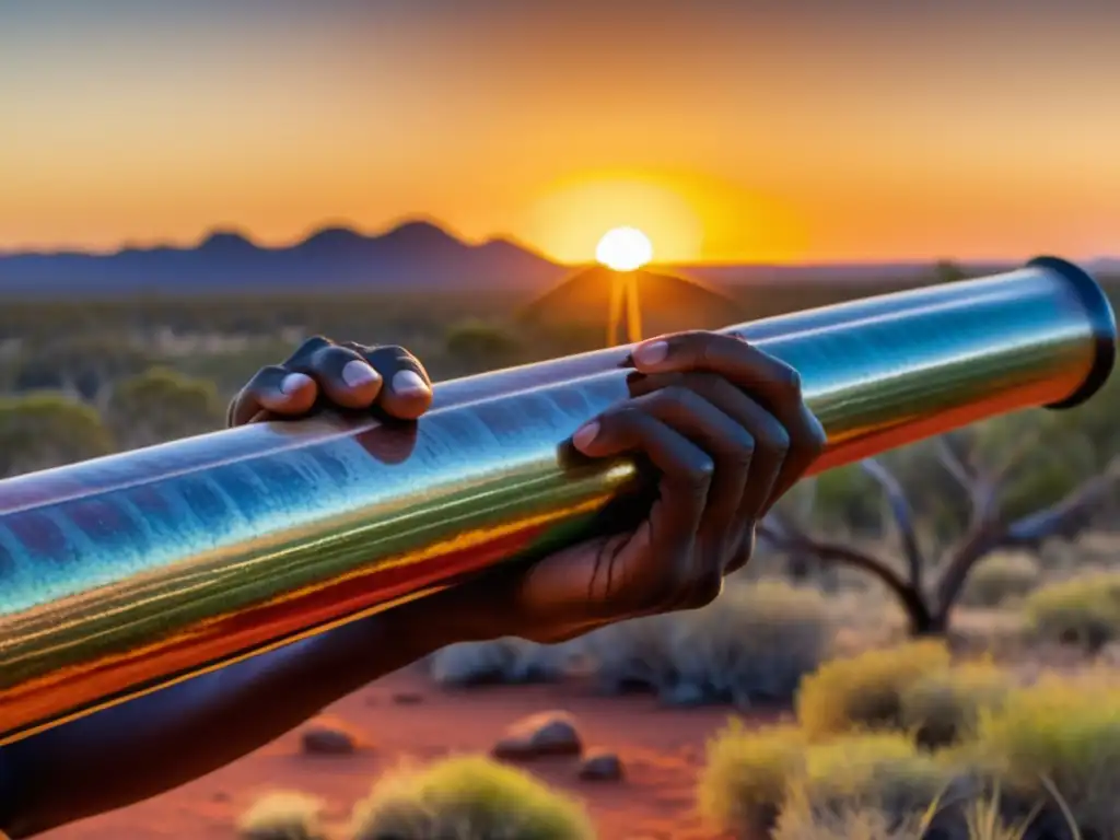 Un músico indígena australiano toca el didgeridoo al atardecer en el outback, mostrando su origen y uso fuera de Australia