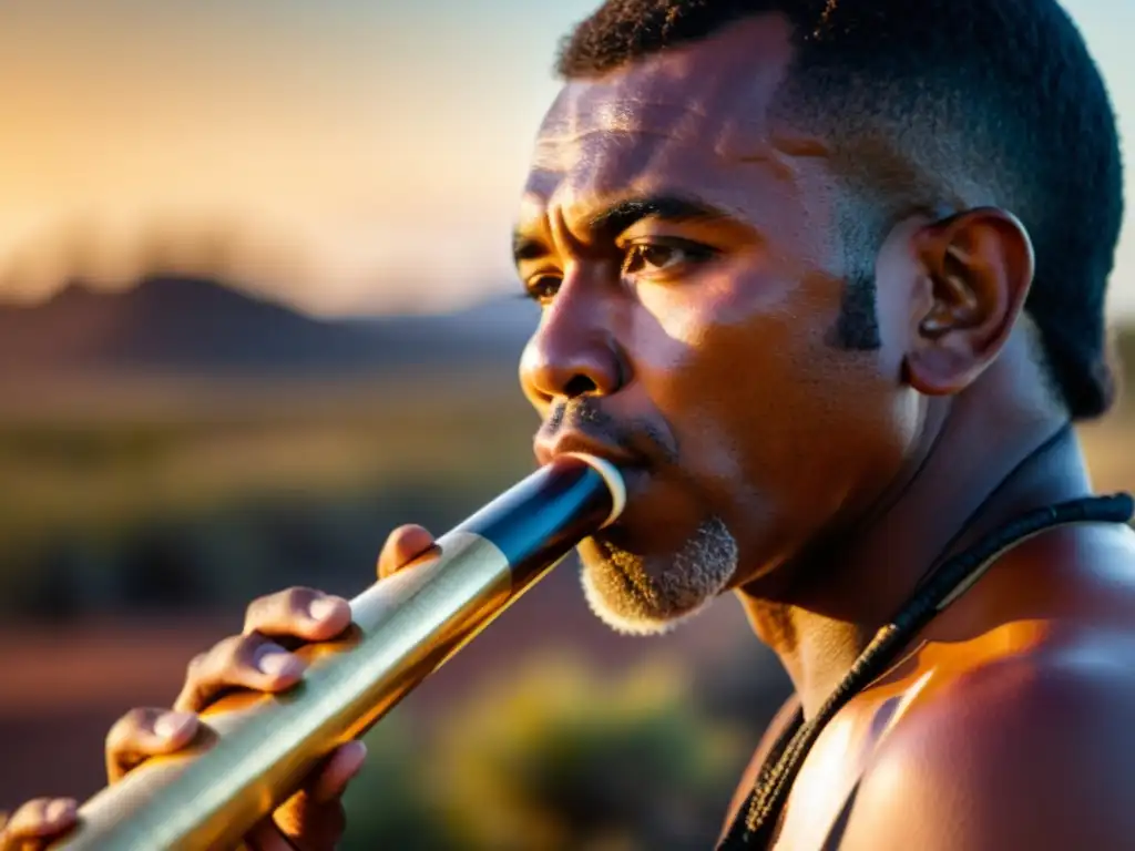 Un músico indígena australiano toca el didgeridoo al atardecer en el outback