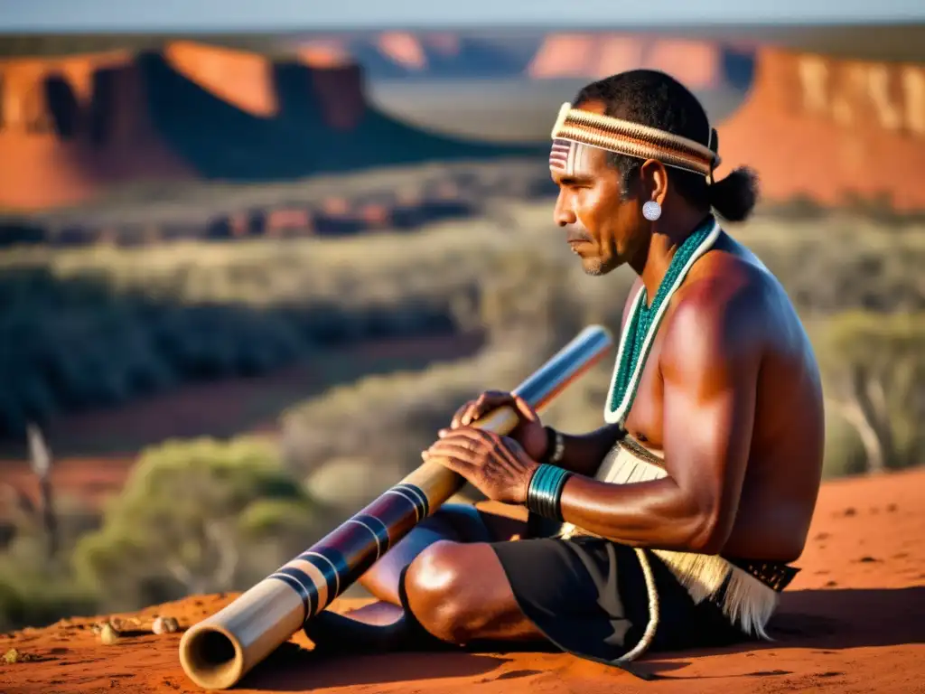 Un músico indígena australiano toca el didgeridoo en una ceremonia tradicional, rodeado del paisaje agreste del outback