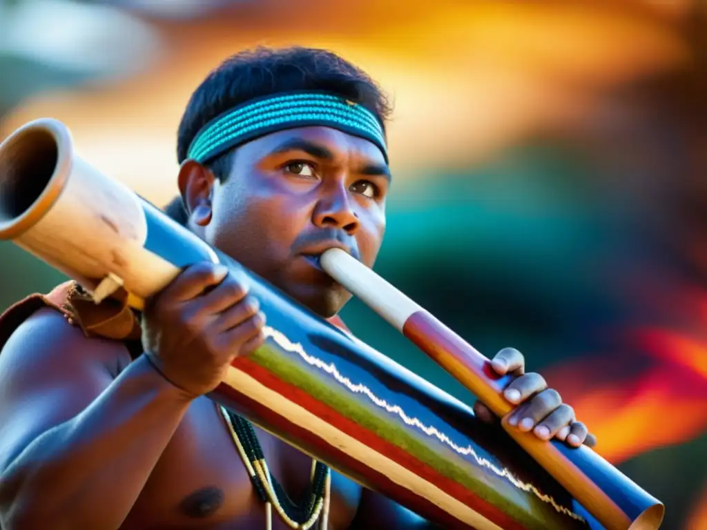 Un músico indígena australiano toca el didgeridoo en una ceremonia tradicional del Outback, capturando la historia y sonido del didgeridoo australiano