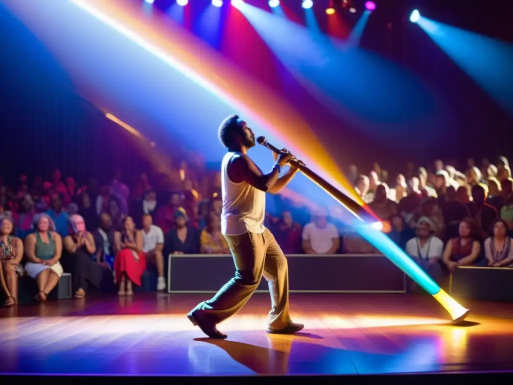 Un músico indígena australiano toca un didgeridoo electrónico en el escenario, mientras una audiencia diversa lo observa con asombro y disfrute