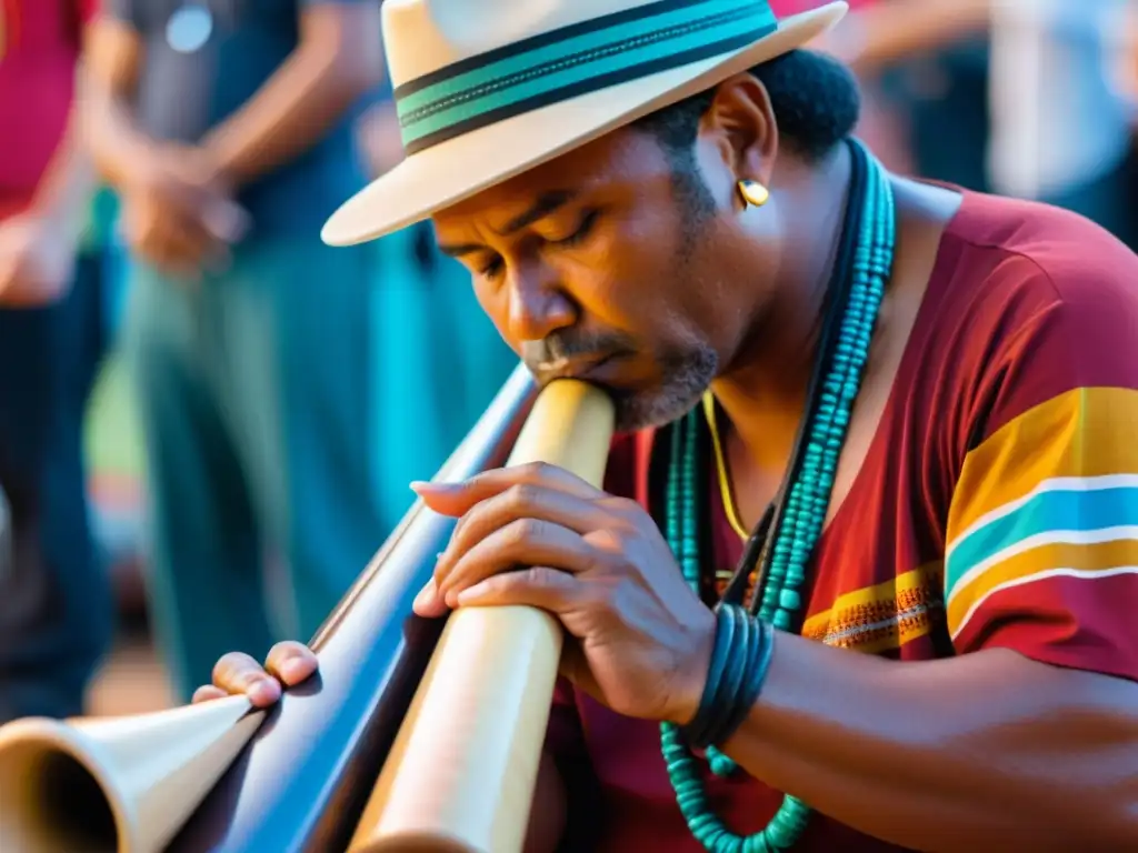 Un músico indígena australiano toca un didgeridoo electrónico en un festival cultural vibrante, mostrando la historia y relevancia del sonido