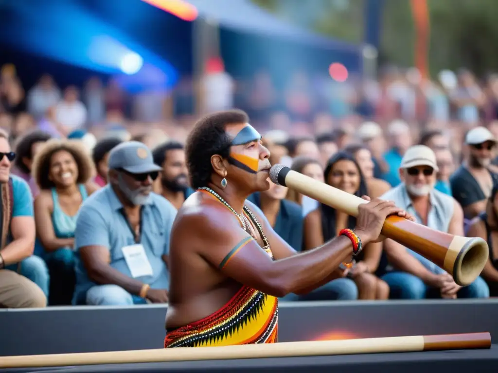 Un músico indígena australiano toca el didgeridoo en un festival de música moderna, rodeado de una multitud diversa y entusiasta