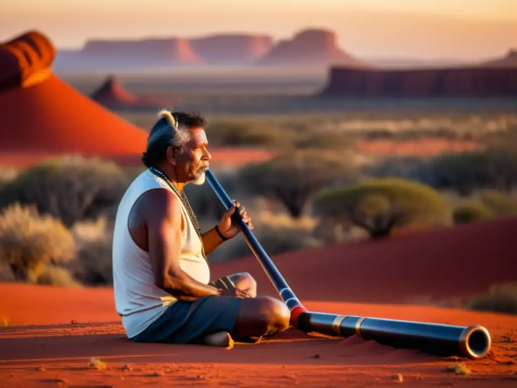 Un músico indígena australiano toca el didgeridoo en el impresionante Outback