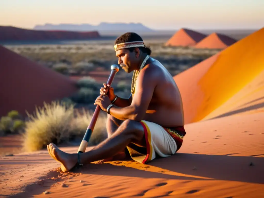 Un músico indígena australiano toca el didgeridoo en el outback, rodeado por el vasto paisaje árido