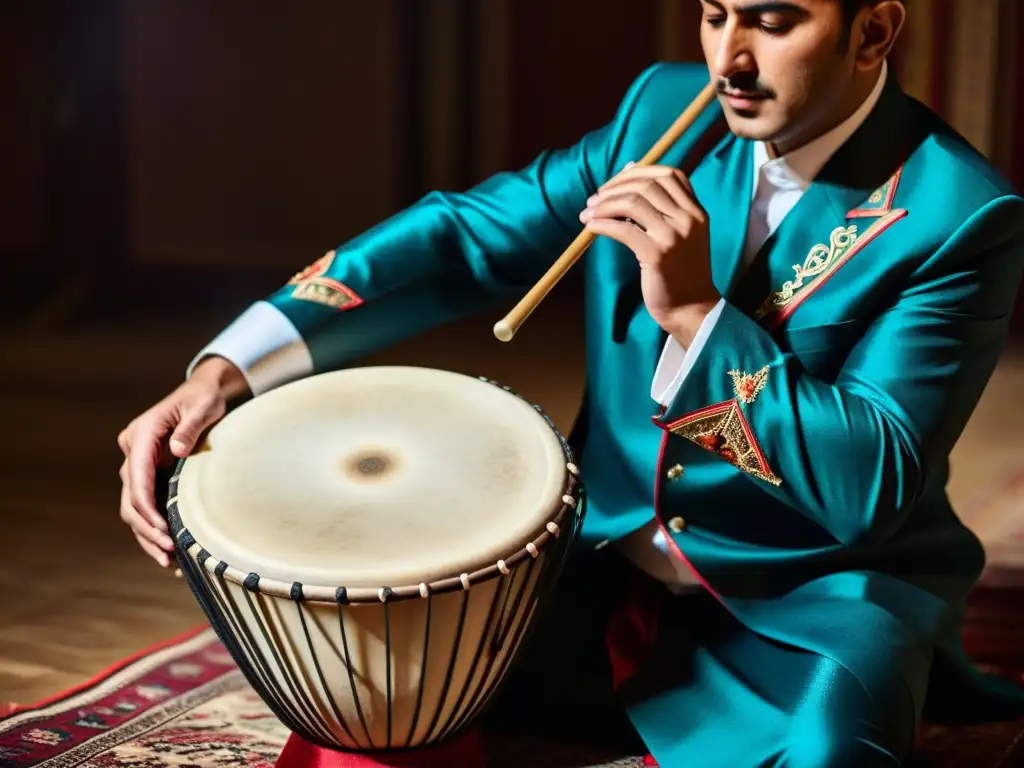 Un músico azerbaiyano habilidoso toca el nagara con intensa concentración, mostrando la destreza y la herencia musical azerbaiyana