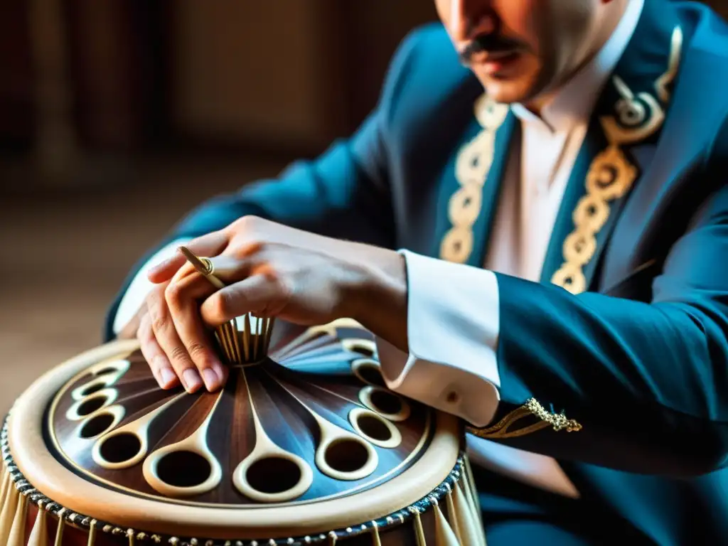 Un músico azerbaiyano toca apasionadamente el nagara, rodeado de elementos tradicionales que reflejan la importancia cultural de los instrumentos musicales azerbaiyanos