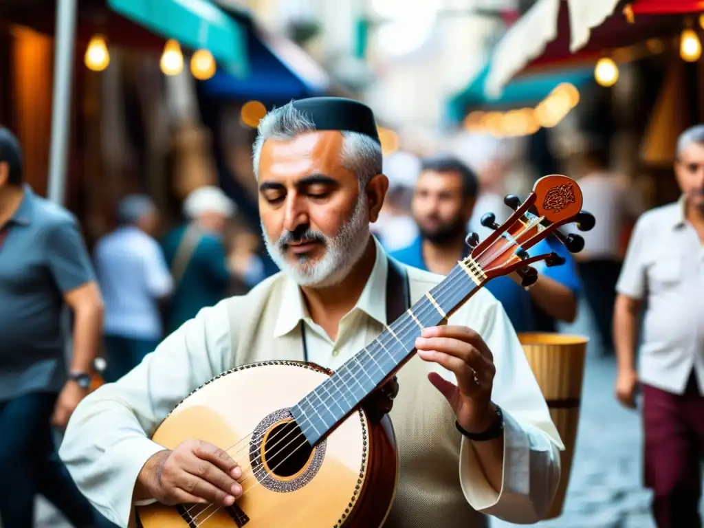 Un músico toca un baglama turco en un bullicioso mercado europeo, con observadores de diversas culturas