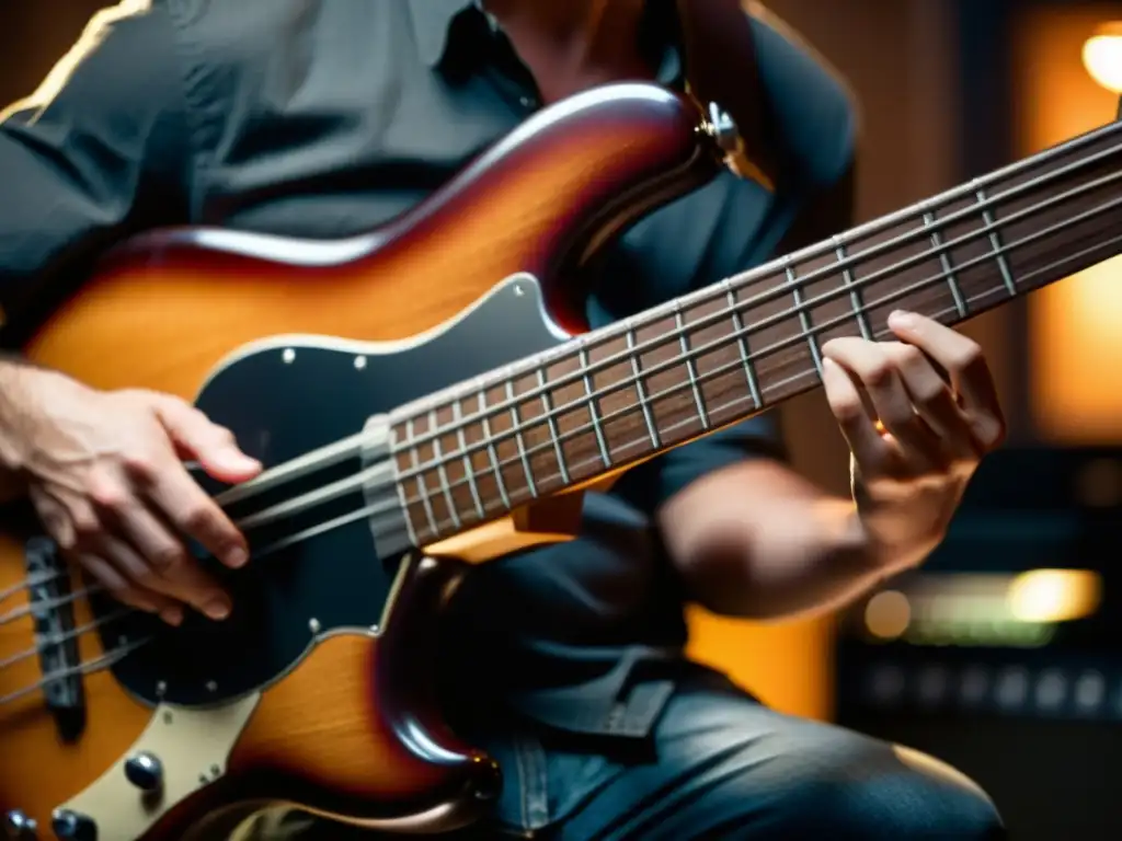 Un músico toca con pasión un bajo eléctrico en un estudio de música con una atmósfera cálida y llena de sombras