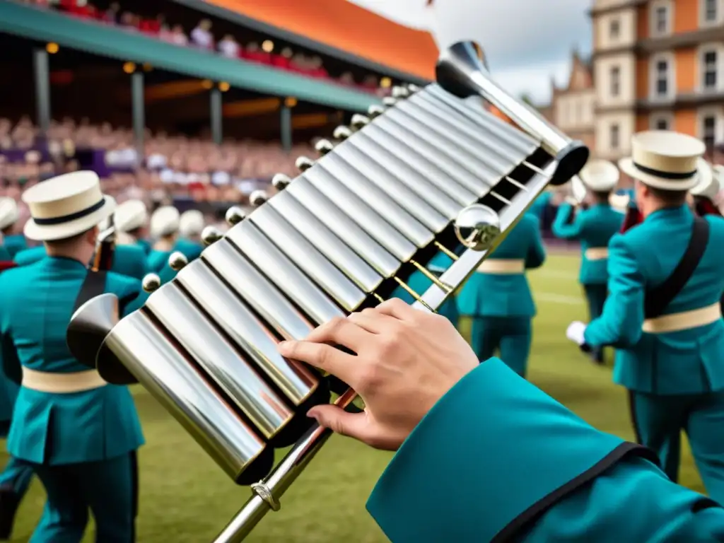 Un músico toca el glockenspiel en una banda marcial vibrante y dinámica