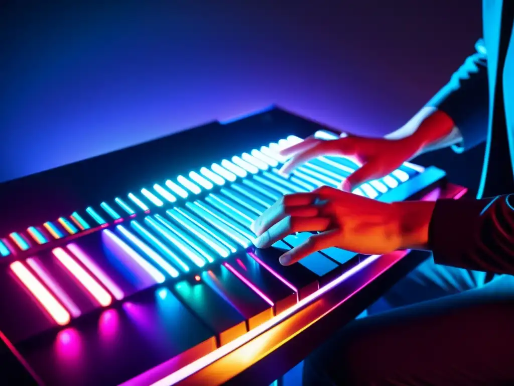 Un músico crea una banda sonora interactiva para videojuegos con un instrumento electrónico futurista en un estudio con poca luz