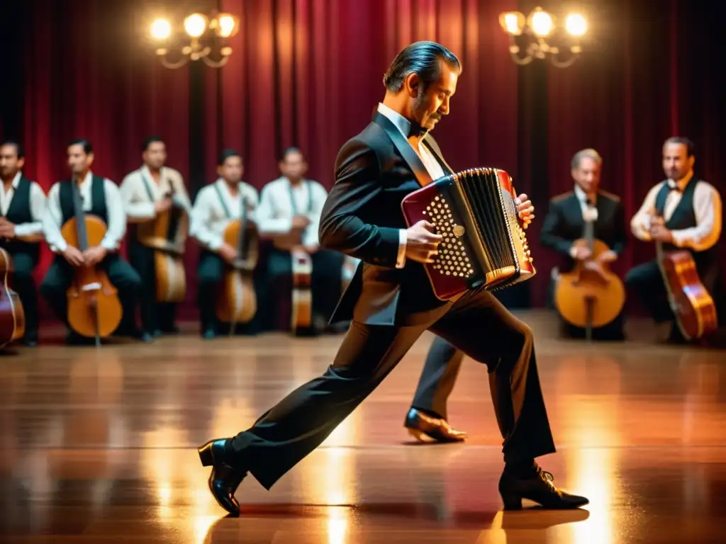 Un músico toca el bandoneón en un ambiente de tango, resaltando la importancia cultural del bandoneón en el tango