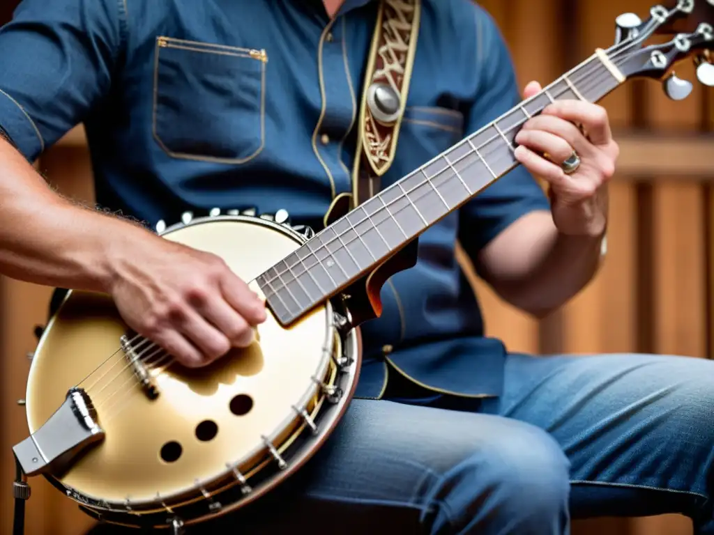 Un músico hábil toca el banjo eléctrico, reflejando emoción