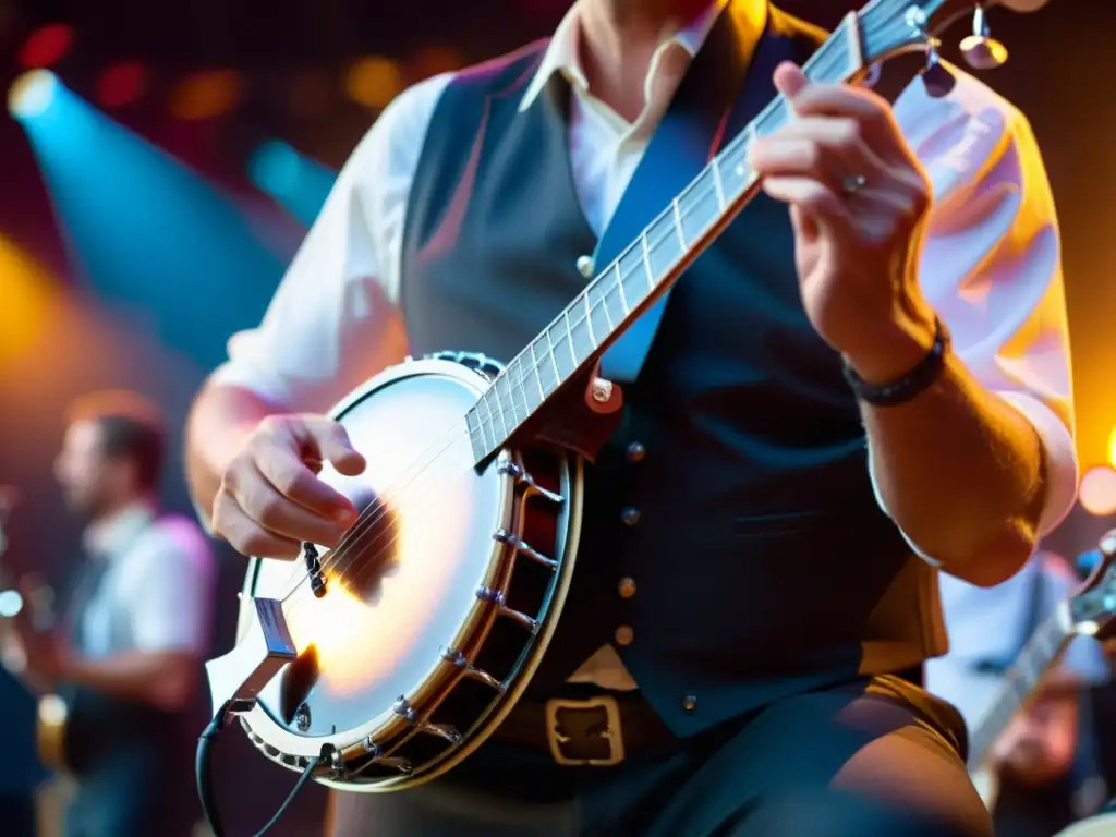 Un músico toca un banjo eléctrico en un festival de música folk, destacando la innovación del instrumento