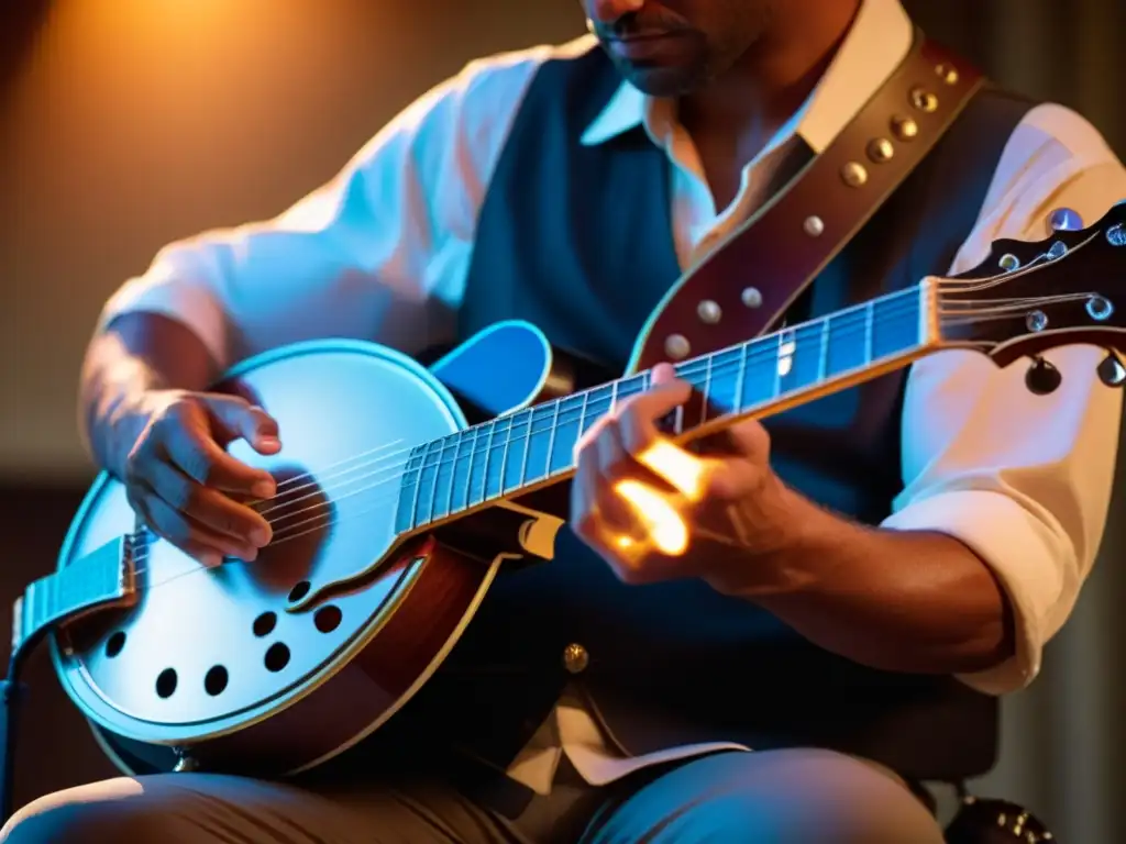 Un músico toca el banjo eléctrico con intensidad y pasión, resaltando la innovación del banjo eléctrico en la música folk