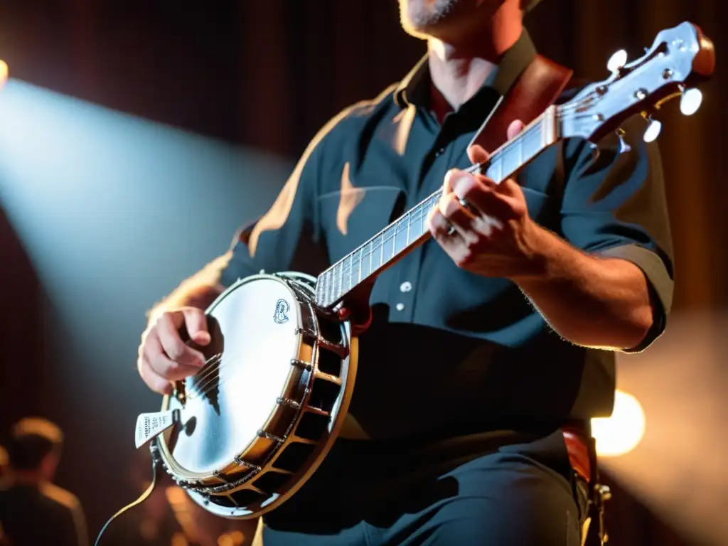 Un músico toca un banjo en un escenario, con la luz de foco destacando los detalles del instrumento