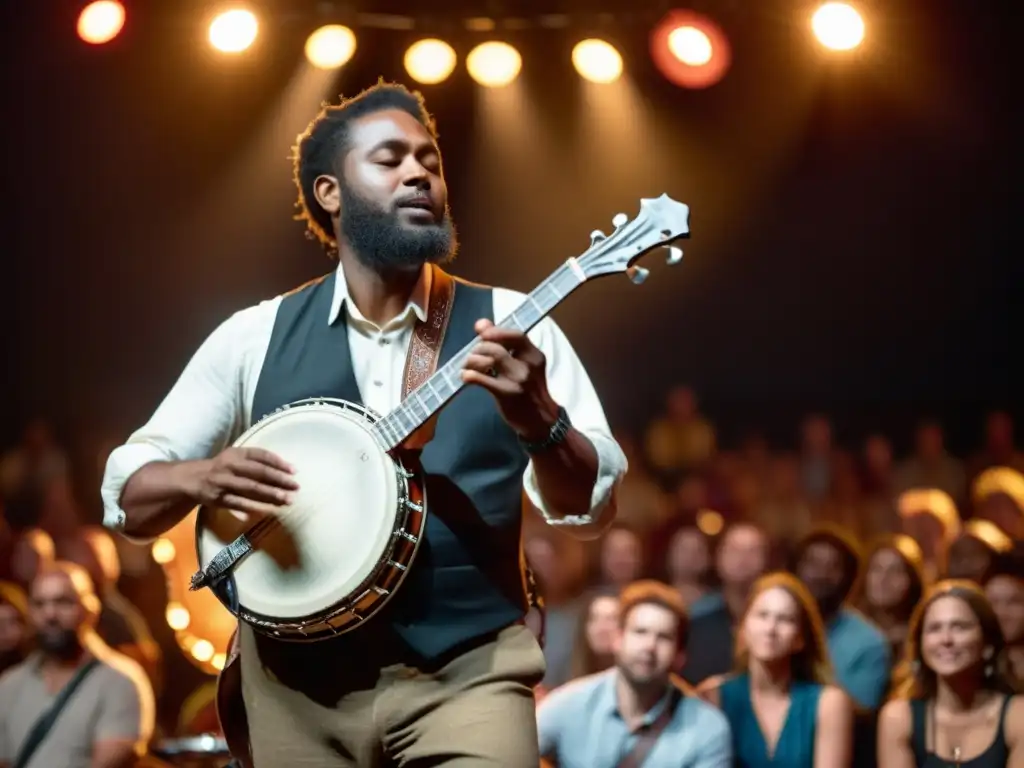 Un músico toca el banjo en un escenario tenue, mientras el público lo observa con asombro