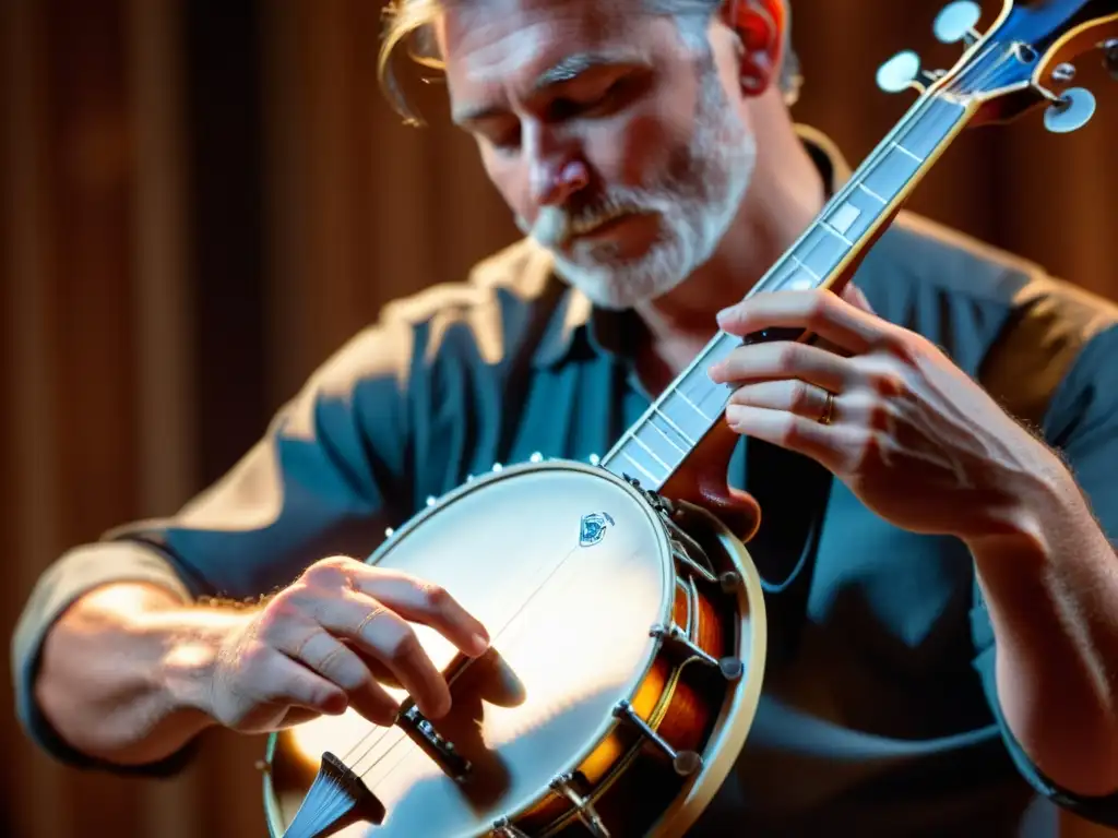 Un músico toca un banjo con intensa concentración en un escenario cálido, destacando los orígenes africanos del banjo