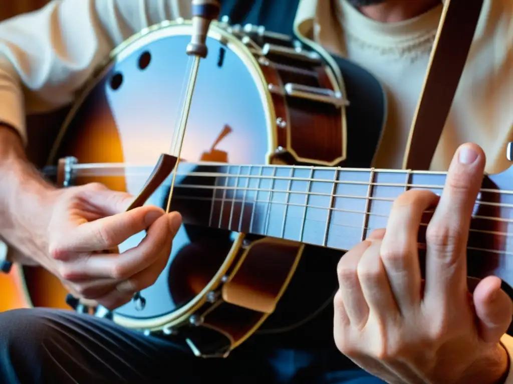 Un músico toca el banjo, sus manos pluckeando las cuerdas, capturando la esencia de los ritmos sincopados en banjo