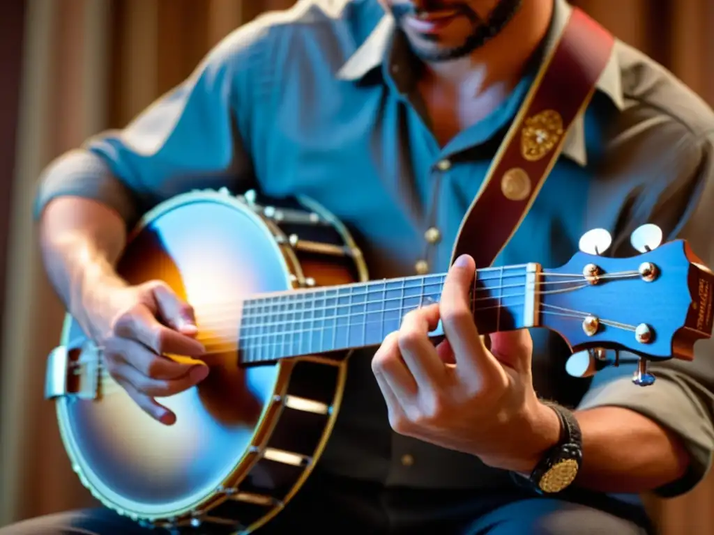 Un músico de banjo ejecuta ritmos sincopados con destreza, destacando la sincronización y la habilidad musical