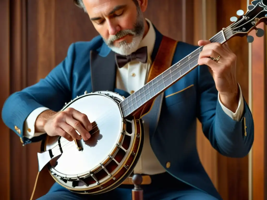 Un músico toca un banjo vintage con manos curtidas, destacando los detalles del instrumento y la historia del banjo en la música americana