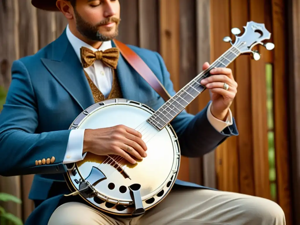 Un músico tocando un banjo vintage, destacando los orígenes y evolución del banjo en el bluegrass con una atmósfera nostálgica y auténtica