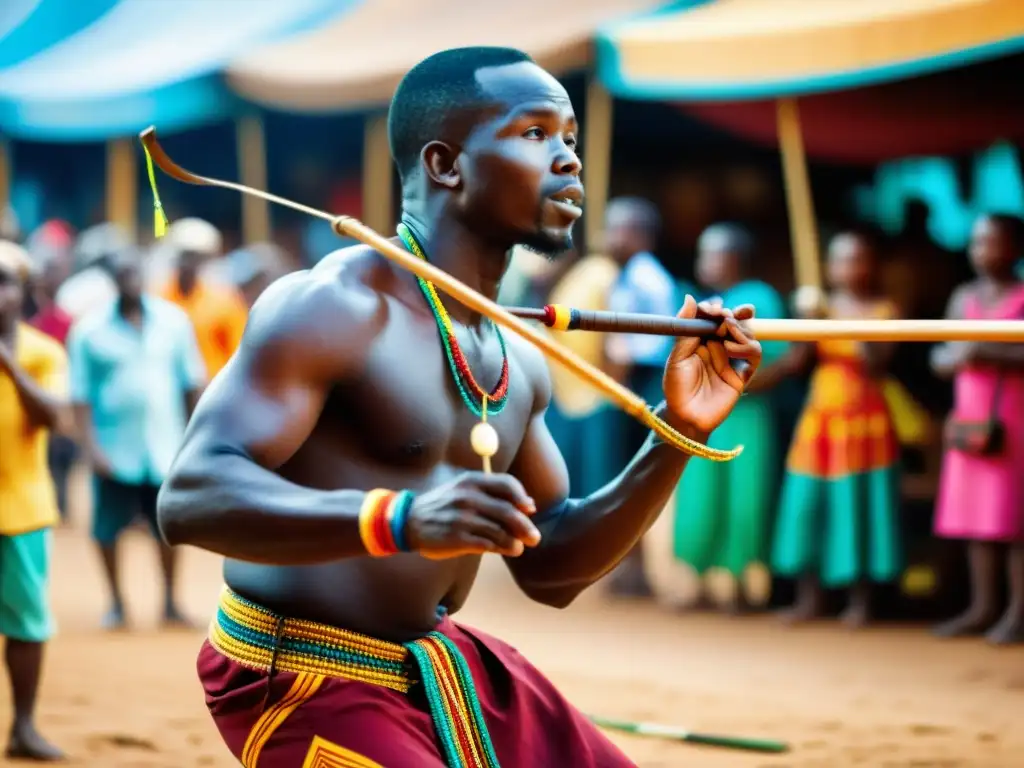 Un músico toca un berimbau africano en un mercado vibrante