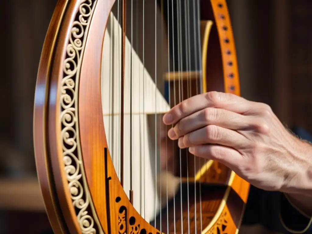 Un músico hábil toca la lyra bizantina en una iglesia, resaltando su diseño y expresión concentrada