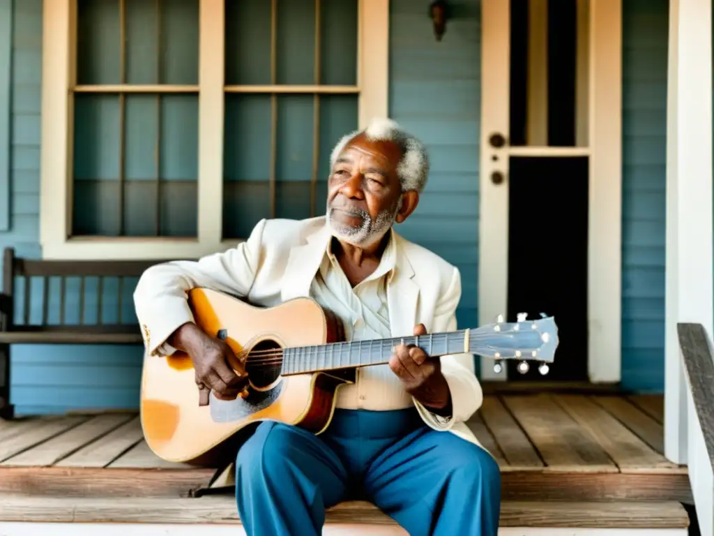 Un músico de blues anciano en el porche, su guitarra reposa en su rodilla, evocando el misterio y la historia del Mississippi Delta