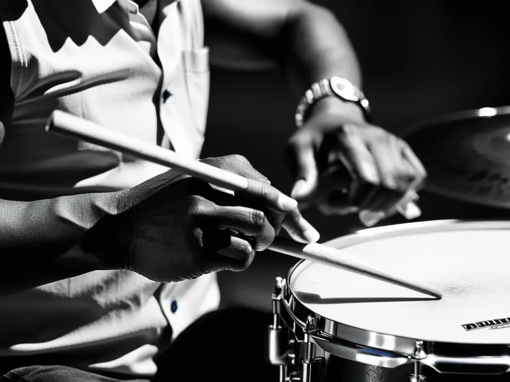 Un músico de blues toca la batería con pasión, mostrando técnicas de percusión en el blues