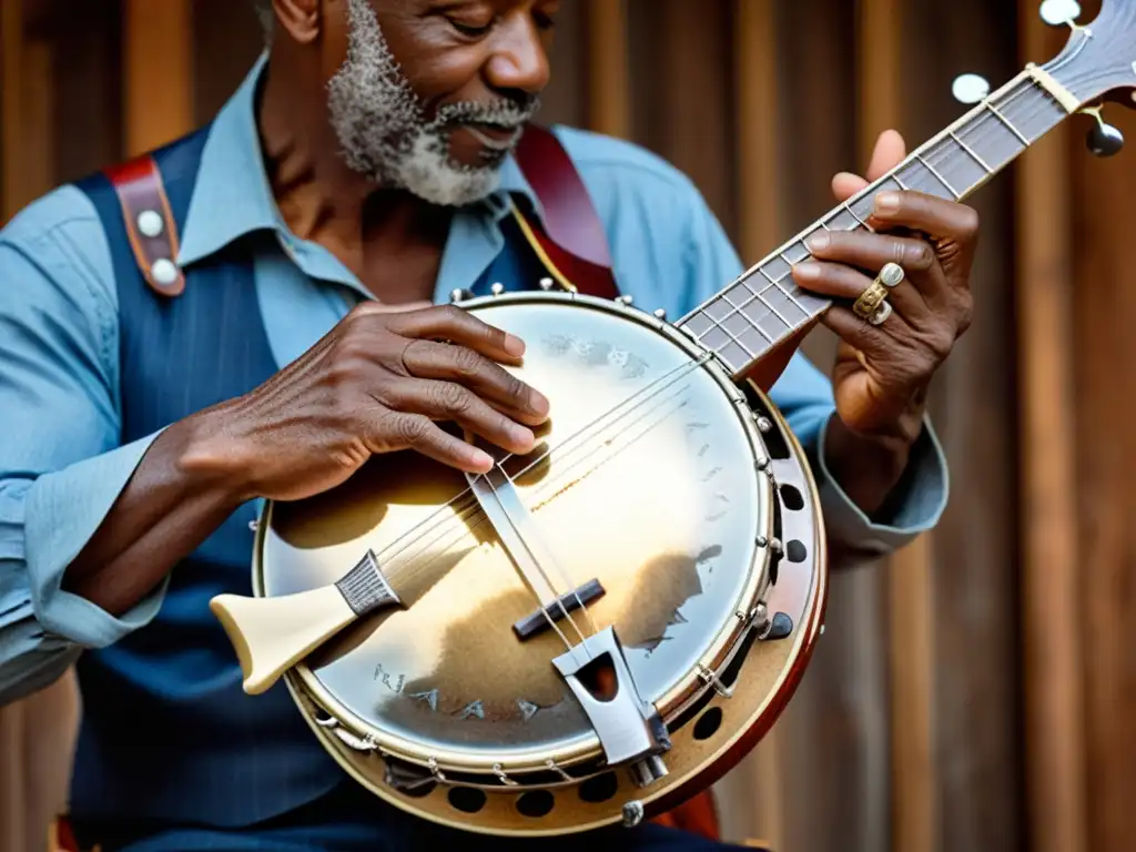 Un músico de blues experimentado toca un banjo artesanal desgastado