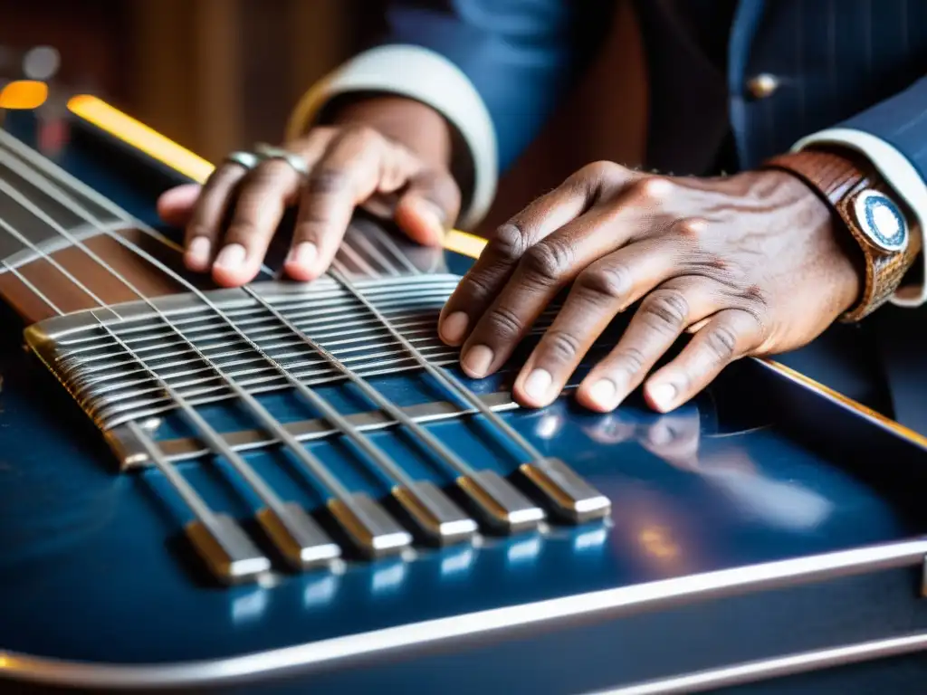 Un músico de blues experto muestra la esencia del slide guitar en una imagen de alta resolución, capturando la técnica y el alma