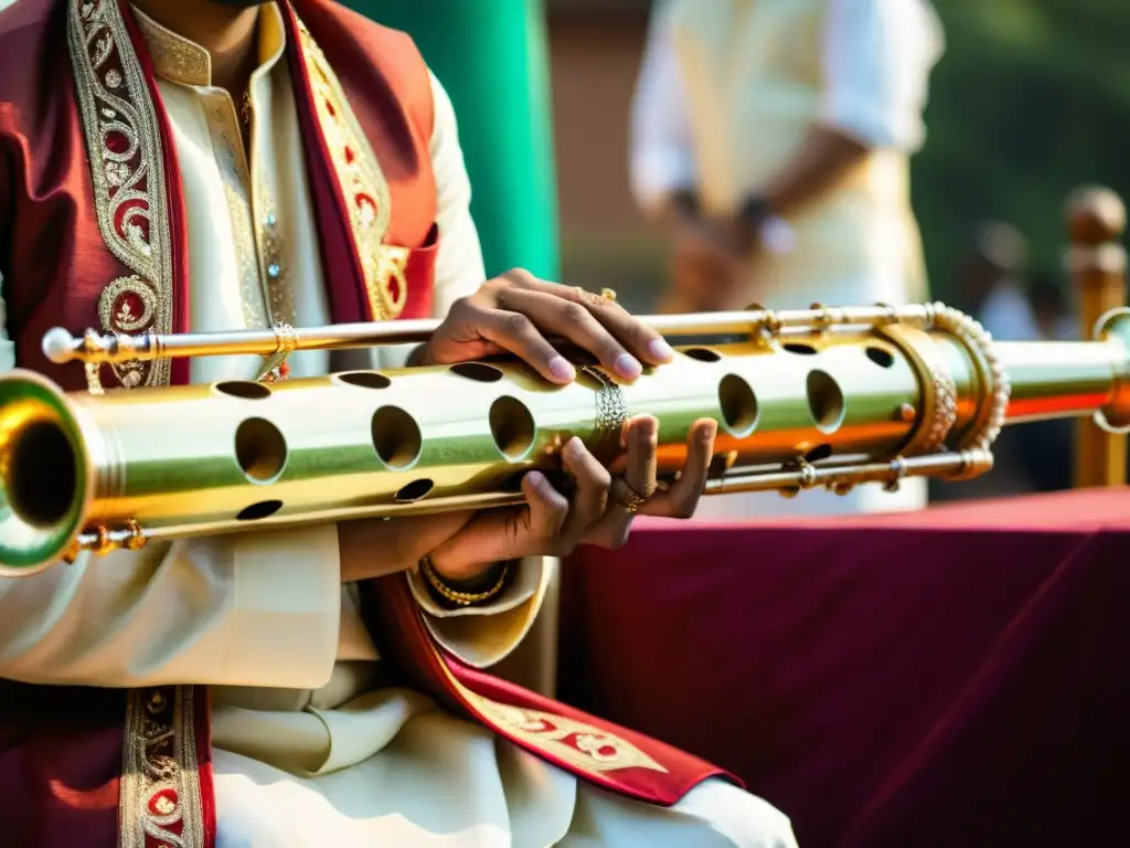 Un músico toca el shehnai en una boda tradicional india, mostrando su significado cultural