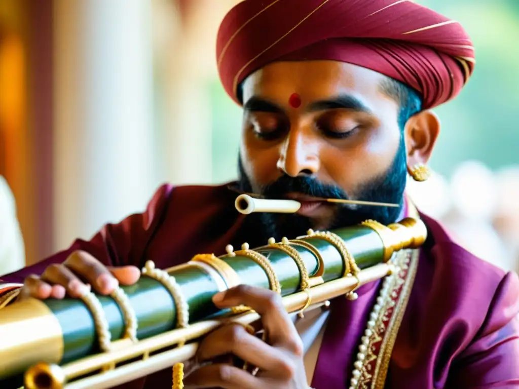 Un músico hábil toca el shehnai en una boda tradicional india, destacando la importancia cultural del shehnai indio