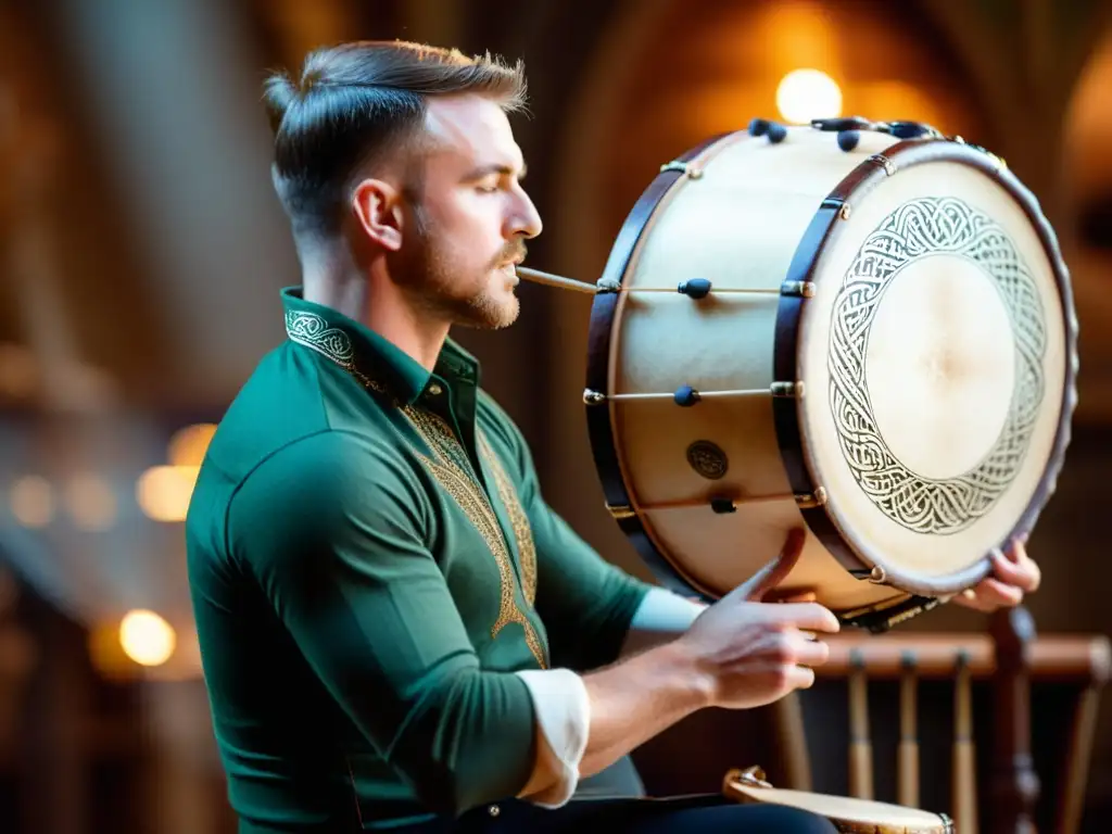 Un músico hábil toca el bodhrán, mostrando detalle, expresión y ritmo