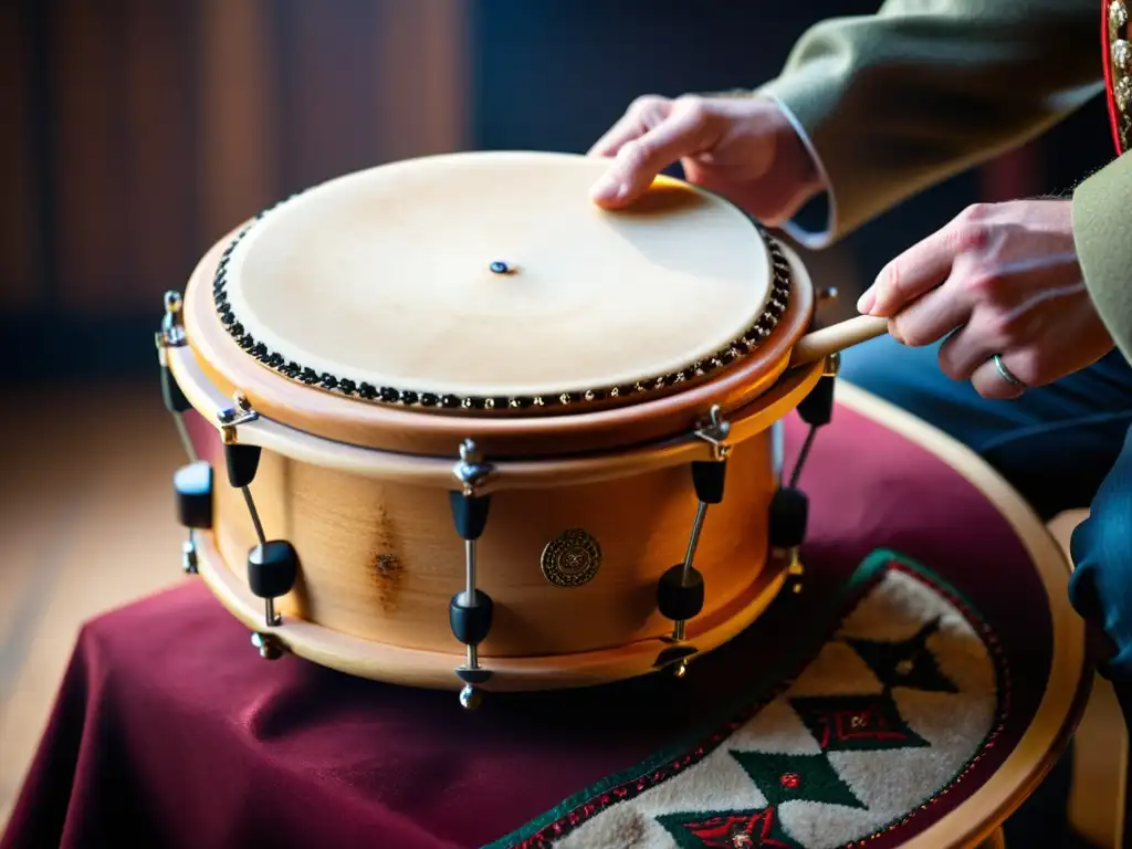 Un músico toca un 'bodhran', un instrumento de percusión en el folk nórdico, mostrando pasión y destreza