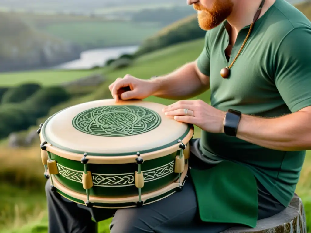 Un músico irlandés toca el bodhrán con paisajes verdes y ruinas antiguas al fondo