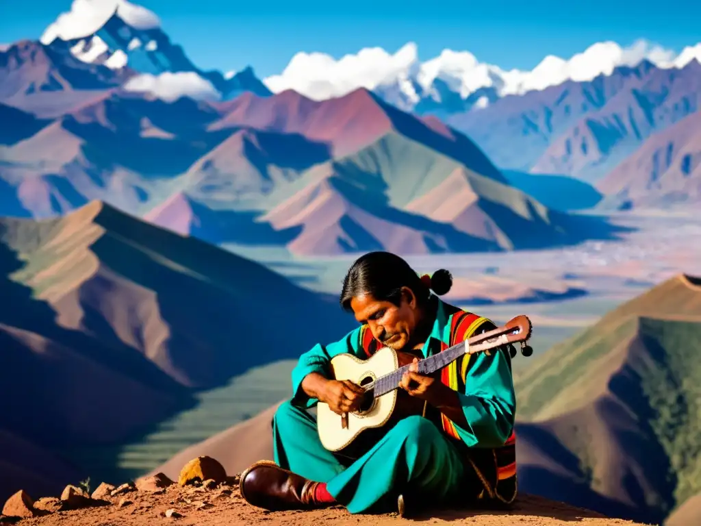 Un músico boliviano experto toca el ronroco con destreza, rodeado por los imponentes Andes