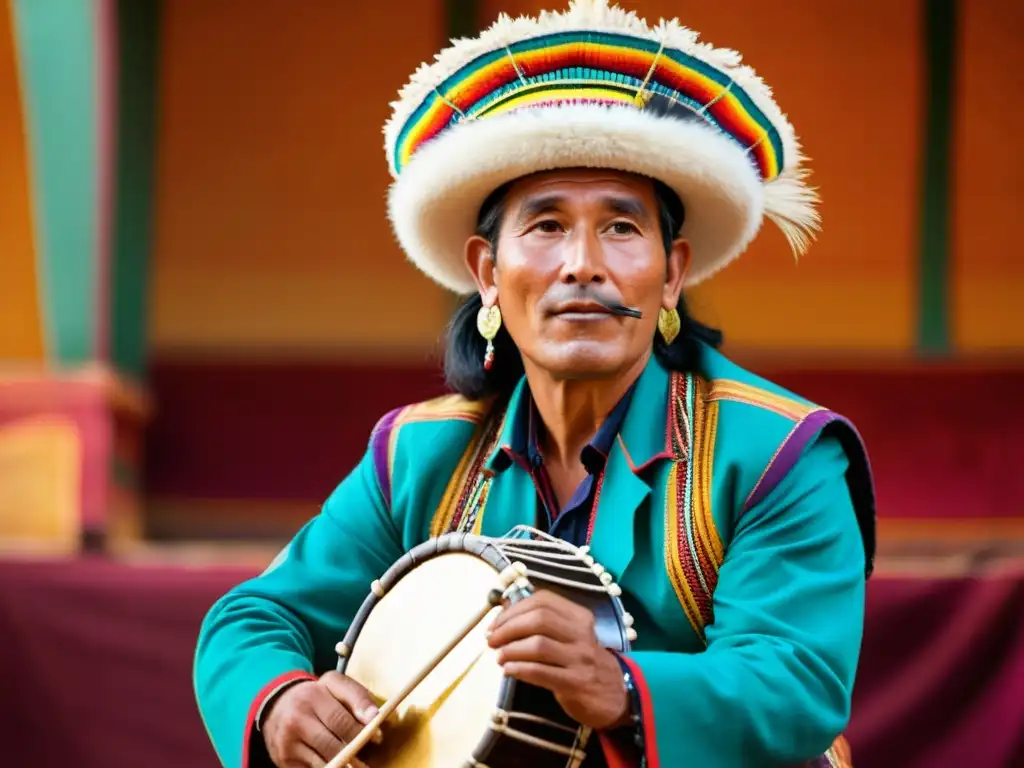 Un músico boliviano toca el ronroco con pasión, rodeado de instrumentos andinos y vistiendo trajes coloridos