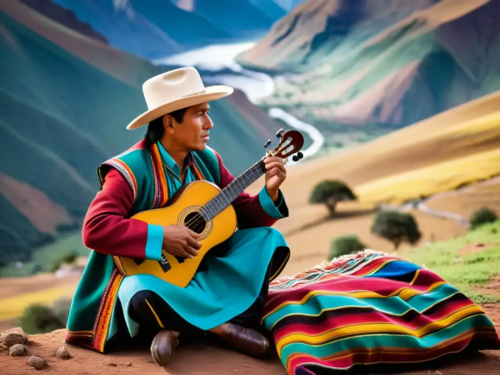 Un músico boliviano toca el ronroco en un entorno tradicional, rodeado de montañas andinas