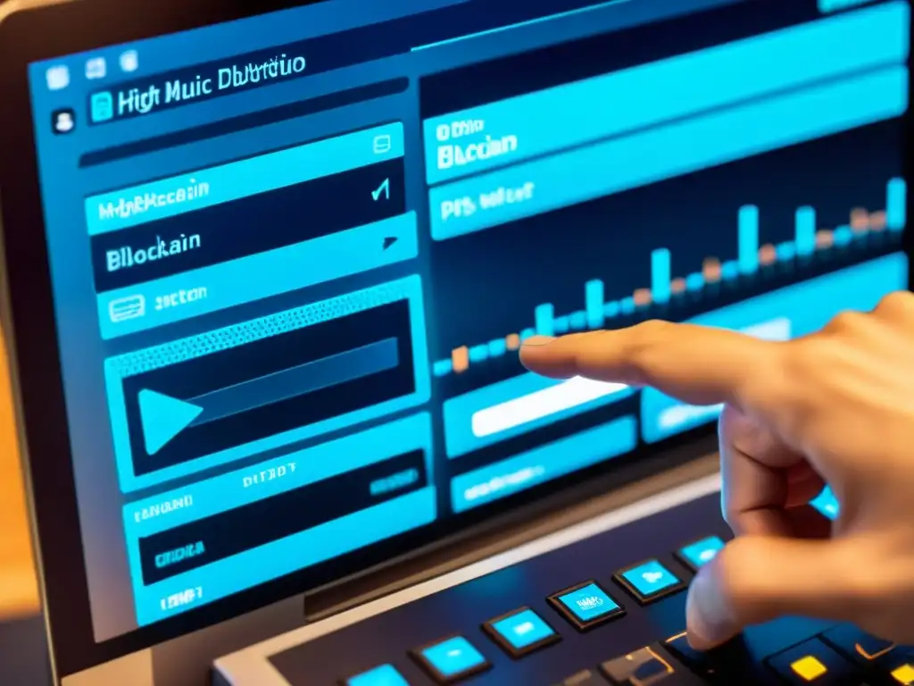Un músico presiona un botón en una plataforma digital mientras se visualiza la tecnología blockchain
